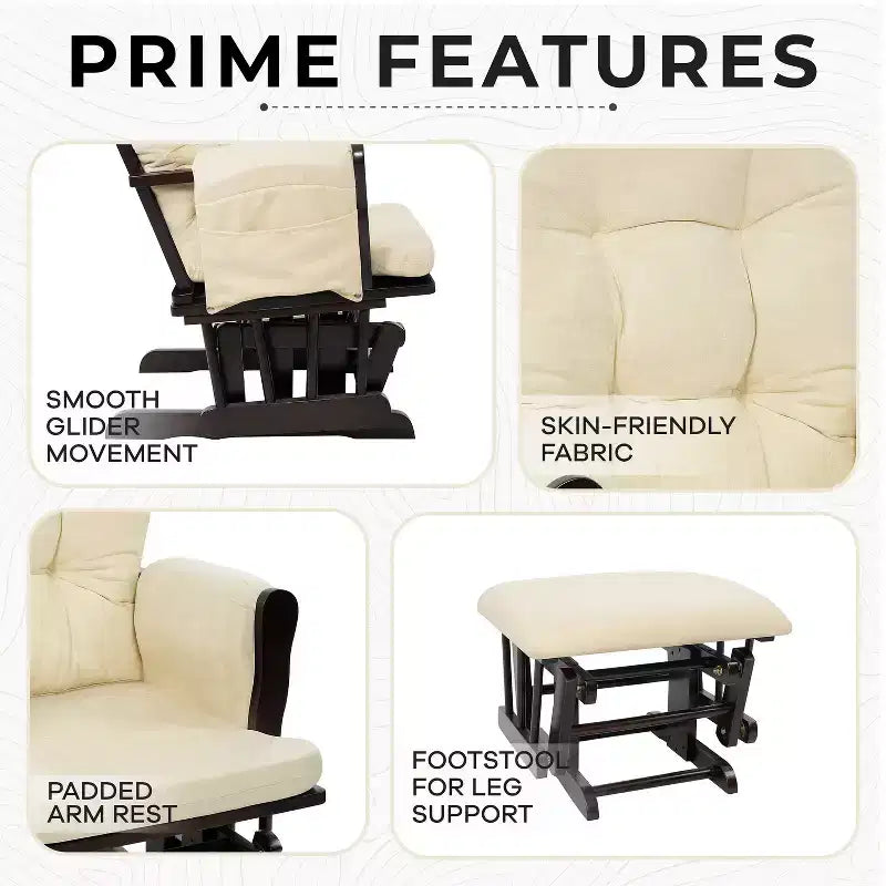 Ensemble planeur et pouf à mouvement de bascule fluide, chaise ergonomique à dossier haut avec accoudoirs rembourrés et poches de rangement