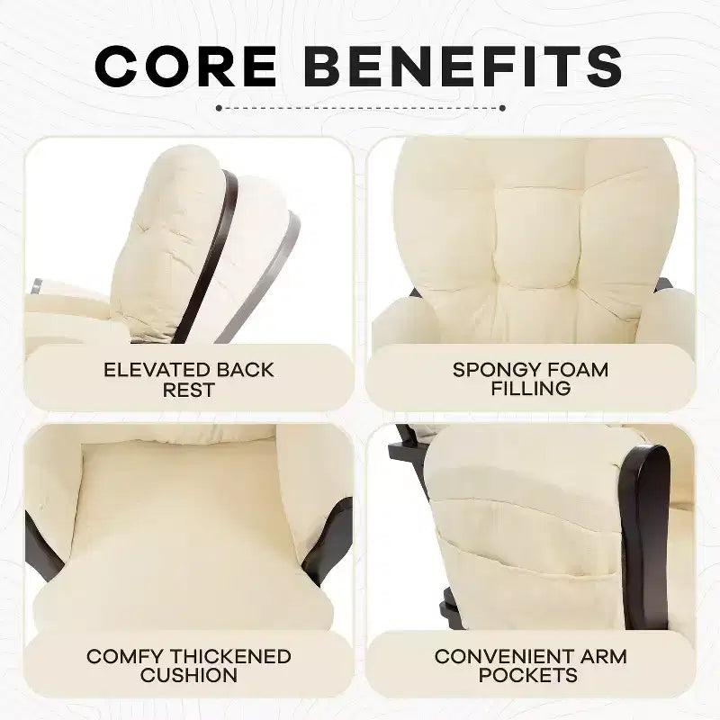 Ensemble planeur et pouf à mouvement de bascule fluide, chaise ergonomique à dossier haut avec accoudoirs rembourrés et poches de rangement
