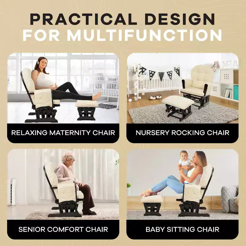 Ensemble planeur et pouf à mouvement de bascule fluide, chaise ergonomique à dossier haut avec accoudoirs rembourrés et poches de rangement
