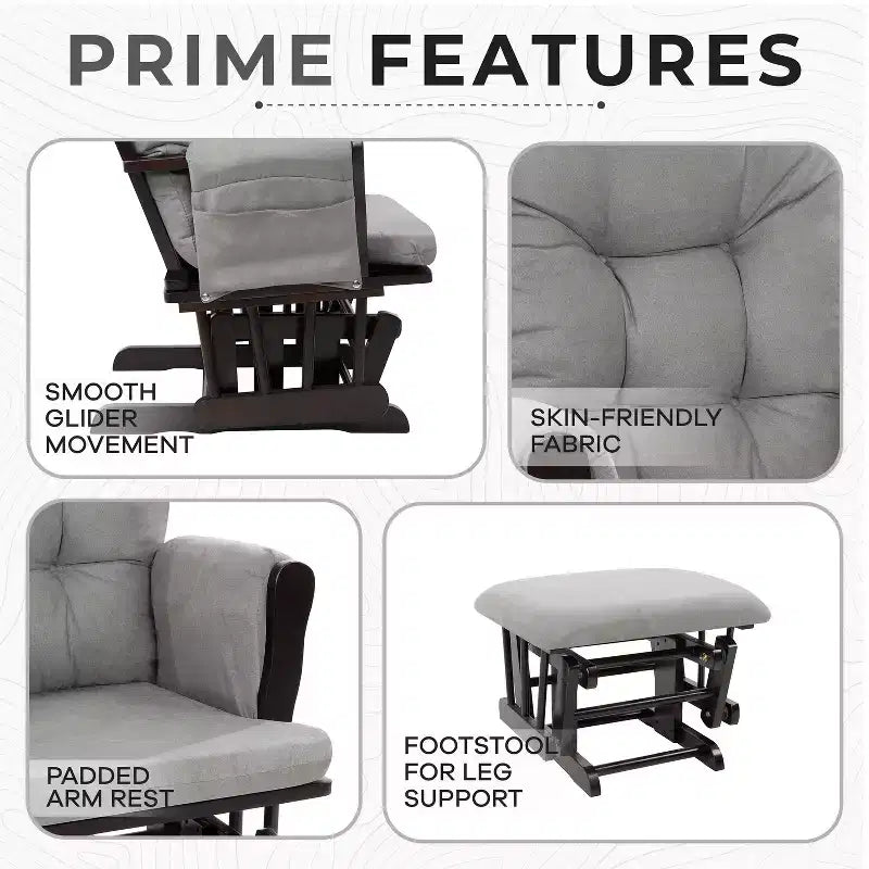 Ensemble planeur et pouf à mouvement de bascule fluide, chaise ergonomique à dossier haut avec accoudoirs rembourrés et poches de rangement