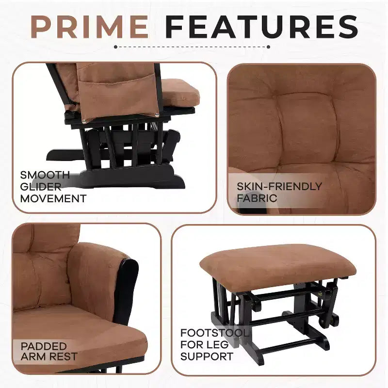 Ensemble planeur et pouf à mouvement de bascule fluide, chaise ergonomique à dossier haut avec accoudoirs rembourrés et poches de rangement