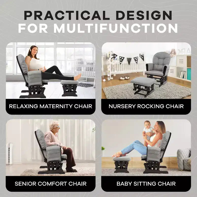 Ensemble planeur et pouf à mouvement de bascule fluide, chaise ergonomique à dossier haut avec accoudoirs rembourrés et poches de rangement