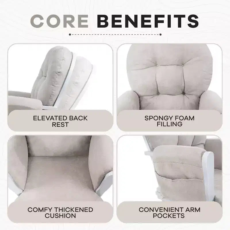 Ensemble planeur et pouf à mouvement de bascule fluide, chaise ergonomique à dossier haut avec accoudoirs rembourrés et poches de rangement