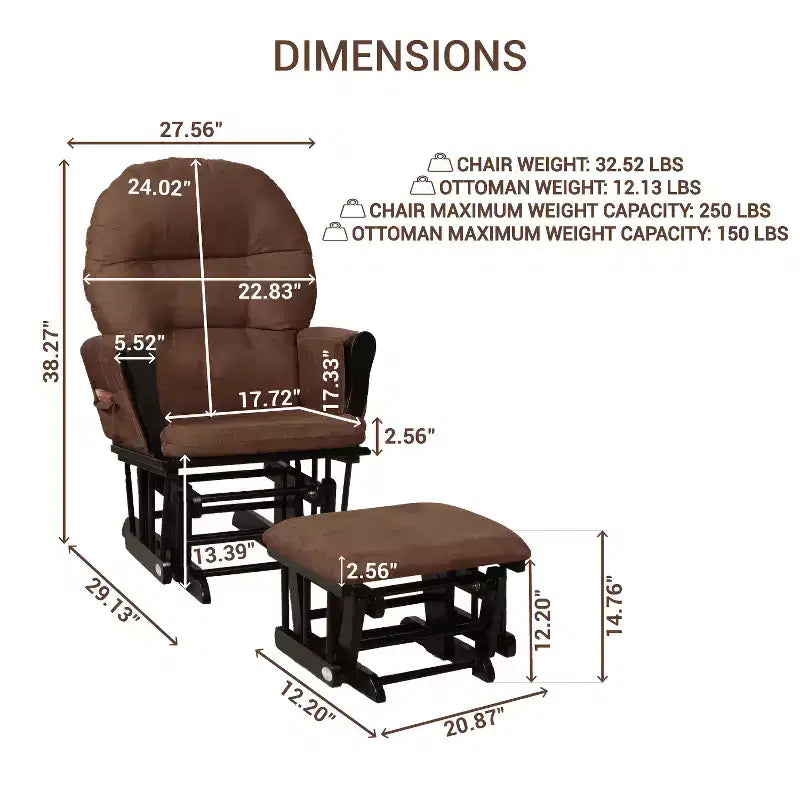 Ensemble planeur et pouf à mouvement de bascule fluide, chaise ergonomique à dossier haut avec accoudoirs rembourrés et poches de rangement