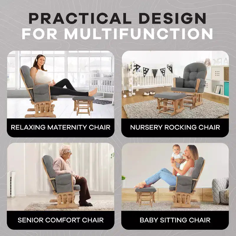 Ensemble planeur et pouf à mouvement de bascule fluide, chaise ergonomique à dossier haut avec accoudoirs rembourrés et poches de rangement