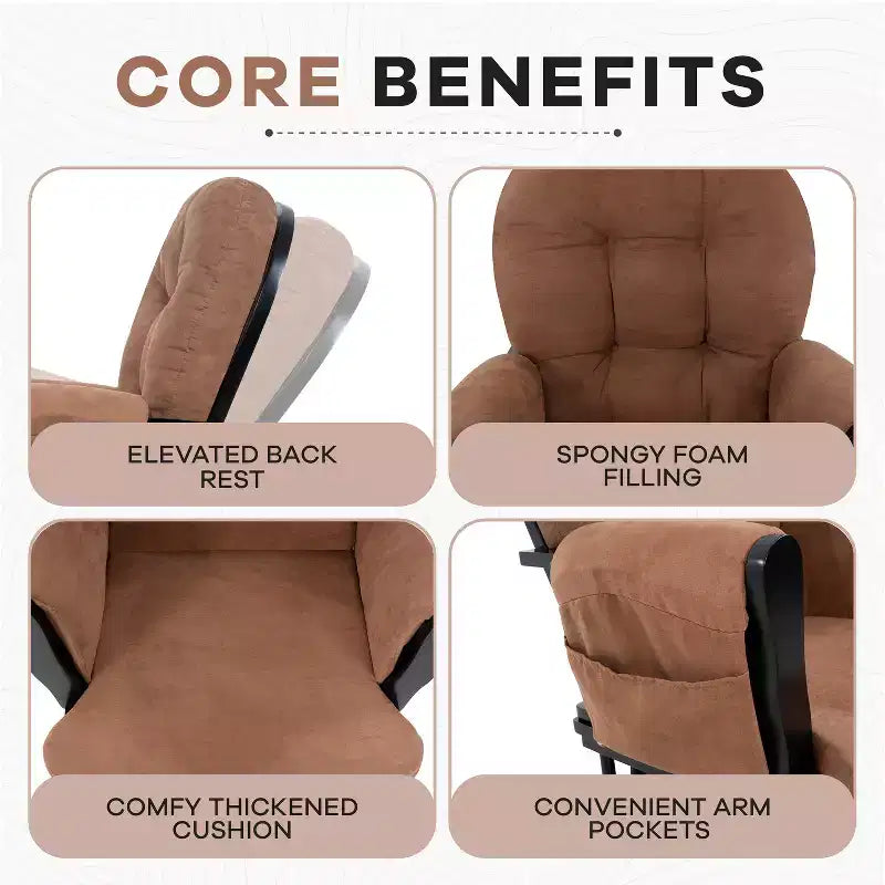 Ensemble planeur et pouf à mouvement de bascule fluide, chaise ergonomique à dossier haut avec accoudoirs rembourrés et poches de rangement