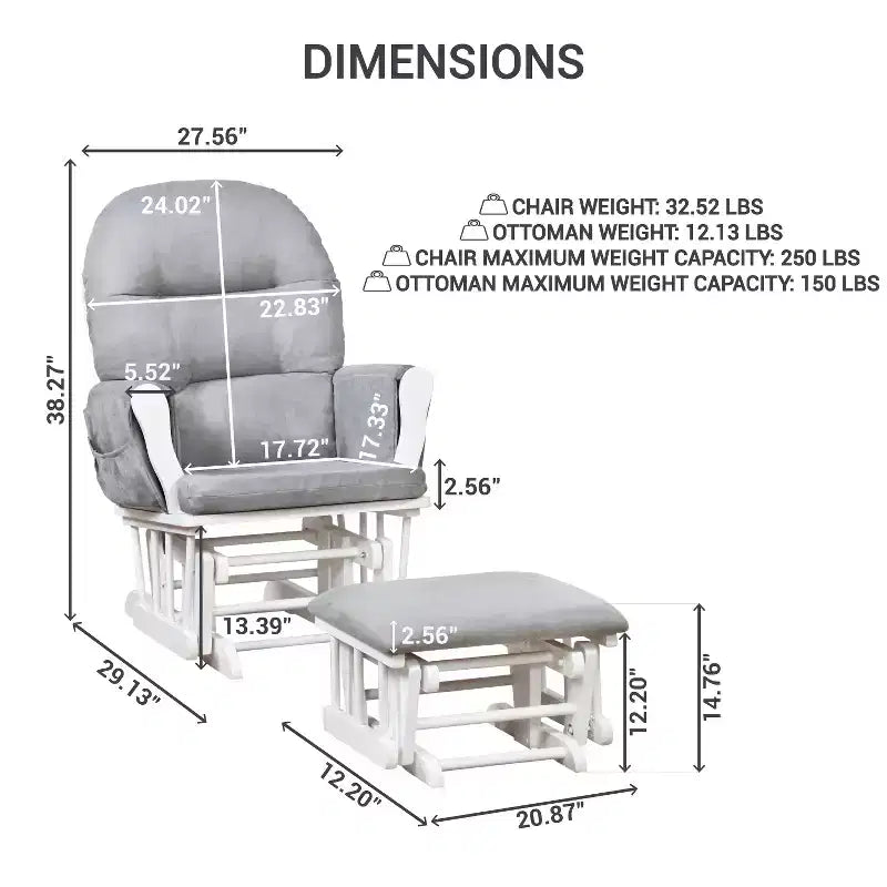 Ensemble planeur et pouf à mouvement de bascule fluide, chaise ergonomique à dossier haut avec accoudoirs rembourrés et poches de rangement