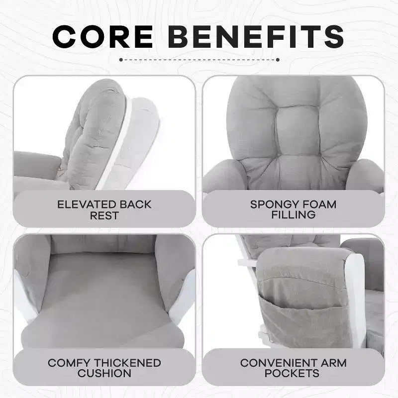 Ensemble planeur et pouf à mouvement de bascule fluide, chaise ergonomique à dossier haut avec accoudoirs rembourrés et poches de rangement