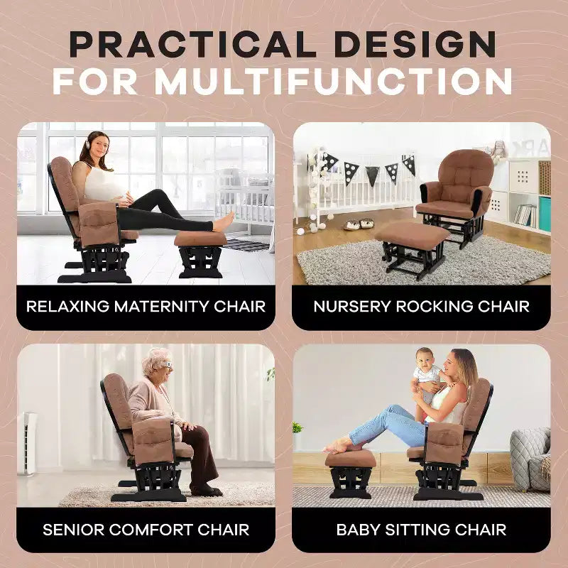 Ensemble planeur et pouf à mouvement de bascule fluide, chaise ergonomique à dossier haut avec accoudoirs rembourrés et poches de rangement