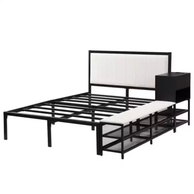 Lit plateforme en métal grand format avec étagères de rangement à deux niveaux et armoire de rangement en bois