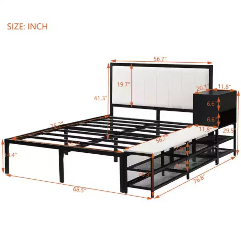 Lit plateforme en métal grand format avec étagères de rangement à deux niveaux et armoire de rangement en bois