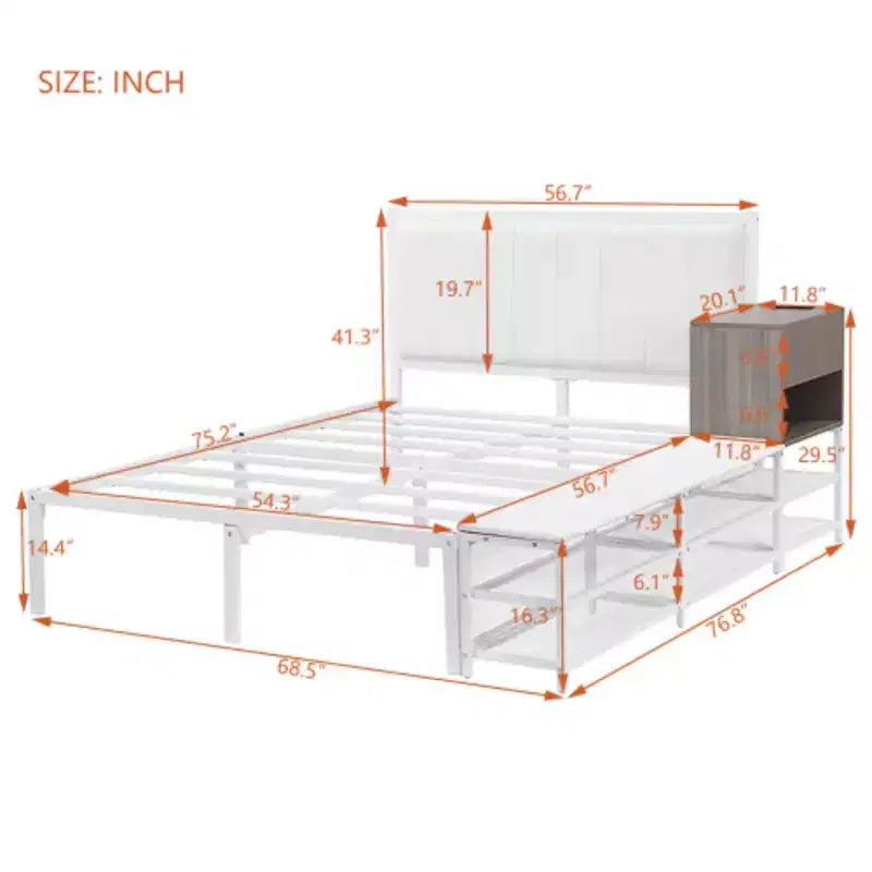 Lit plateforme en métal grand format avec étagères de rangement à deux niveaux et armoire de rangement en bois