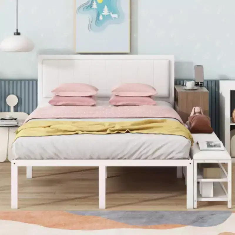 Full-Size Metal Platform Bed with Two-Level Storage Shelves and Wooden Storage Cabinet