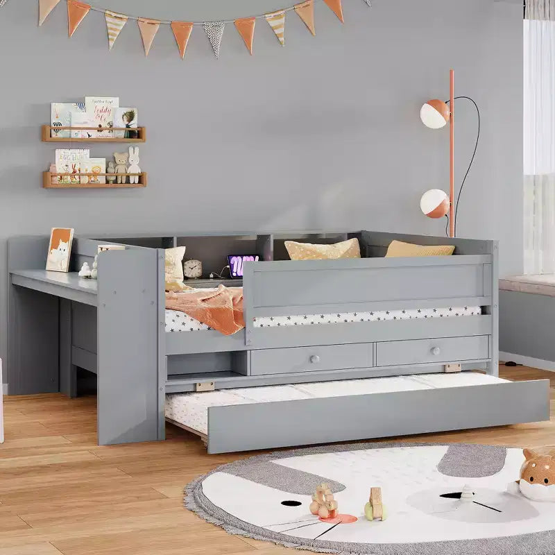 Whisen Multi-Functional Twin Daybed with Drawers and Trundle, Headboard Storage and Tables, USB Charging Station