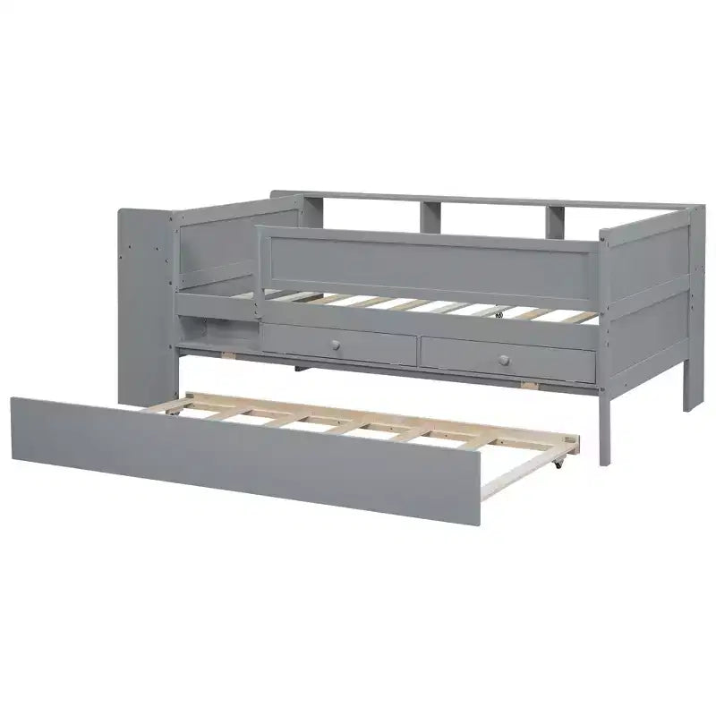 Lit de repos double multifonctionnel avec tiroirs et lit gigogne, rangement de tête de lit et tables, station de recharge USB