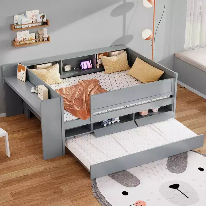 Lit de repos double multifonctionnel avec tiroirs et lit gigogne, rangement de tête de lit et tables, station de recharge USB