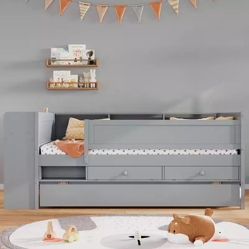 Lit de repos double multifonctionnel avec tiroirs et lit gigogne, rangement de tête de lit et tables, station de recharge USB