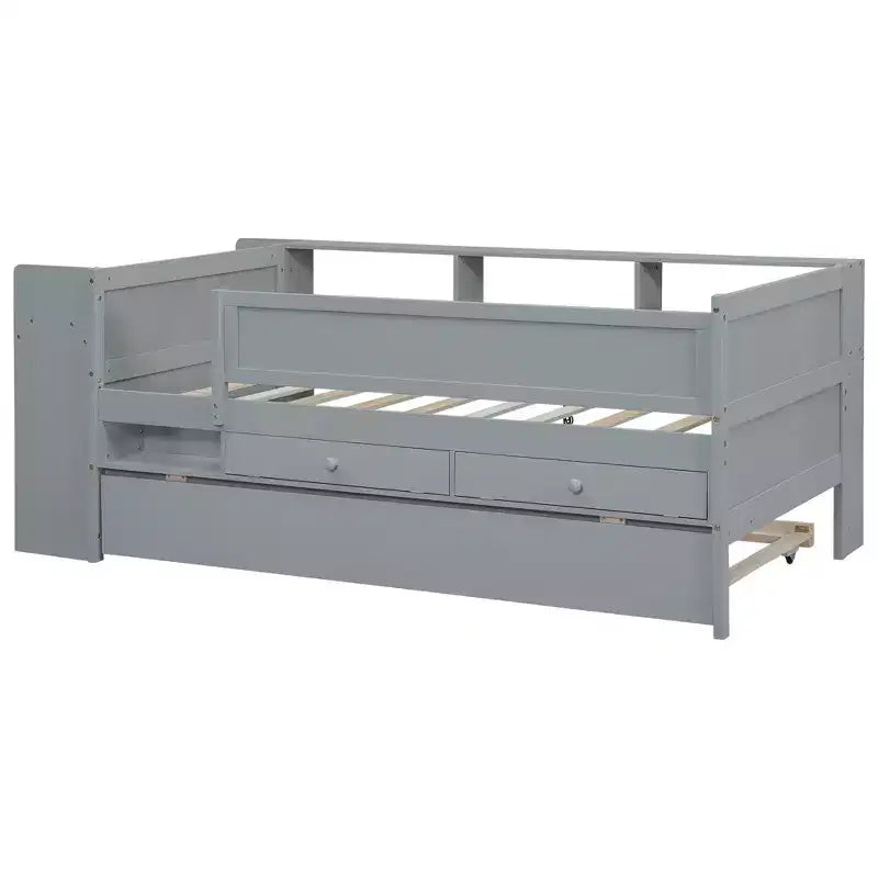 Lit de repos double multifonctionnel avec tiroirs et lit gigogne, rangement de tête de lit et tables, station de recharge USB