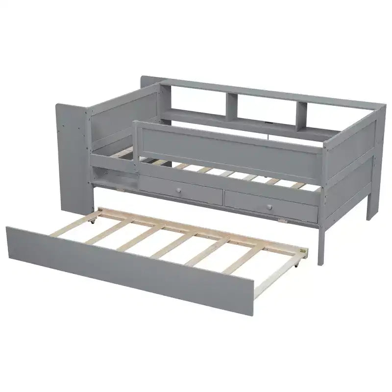 Lit de repos double multifonctionnel avec tiroirs et lit gigogne, rangement de tête de lit et tables, station de recharge USB