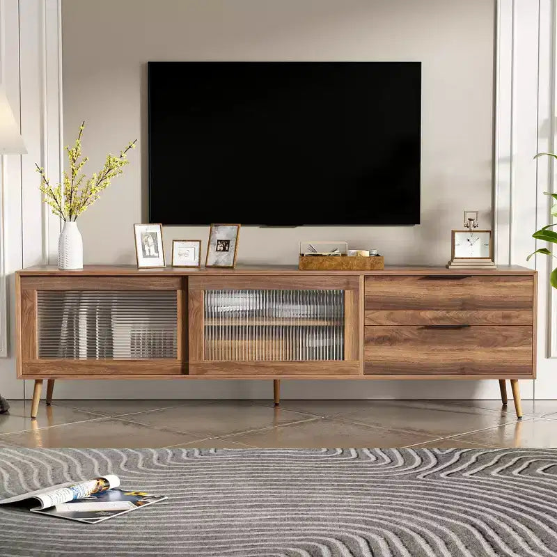 Modern TV Stand for TVs up to 80'', TV Media Console with 2 Glass Doors, Entertainment Center with 2 Drawers & Storage Cabinet, Walnut - ModernLuxe