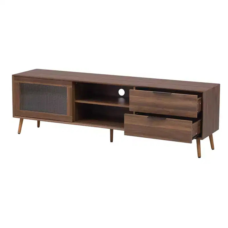 Meuble TV moderne pour téléviseurs jusqu'à 80'', console média TV avec 2 portes vitrées, centre de divertissement avec 2 tiroirs et armoire de rangement, Noyer