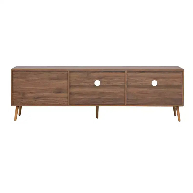 Meuble TV moderne pour téléviseurs jusqu'à 80'', console média TV avec 2 portes vitrées, centre de divertissement avec 2 tiroirs et armoire de rangement, Noyer