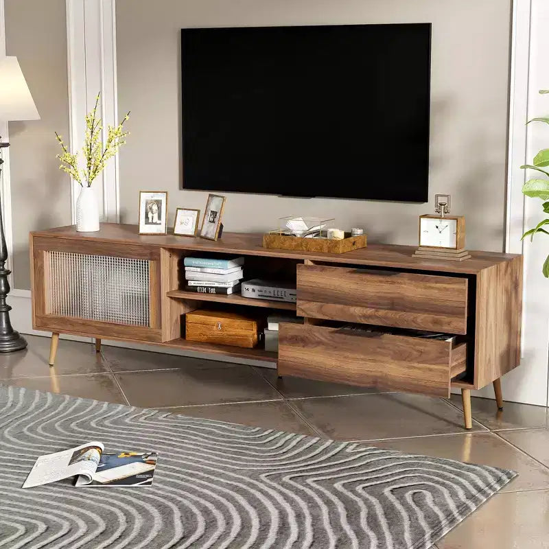 Meuble TV moderne pour téléviseurs jusqu'à 80'', console média TV avec 2 portes vitrées, centre de divertissement avec 2 tiroirs et armoire de rangement, Noyer