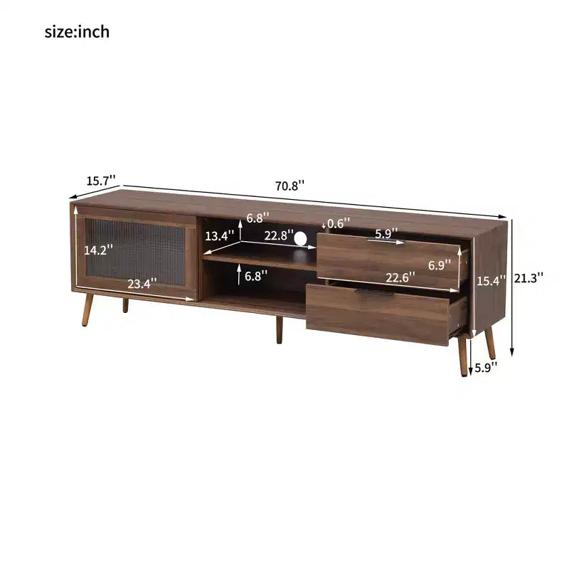 Meuble TV moderne pour téléviseurs jusqu'à 80'', console média TV avec 2 portes vitrées, centre de divertissement avec 2 tiroirs et armoire de rangement, Noyer