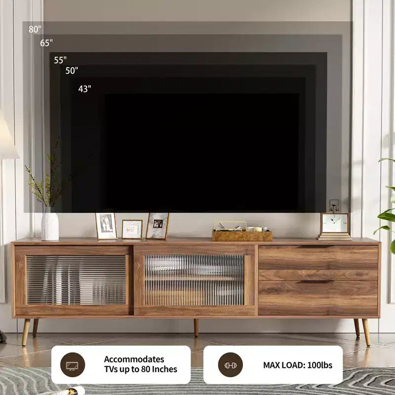 Meuble TV moderne pour téléviseurs jusqu'à 80'', console média TV avec 2 portes vitrées, centre de divertissement avec 2 tiroirs et armoire de rangement, Noyer