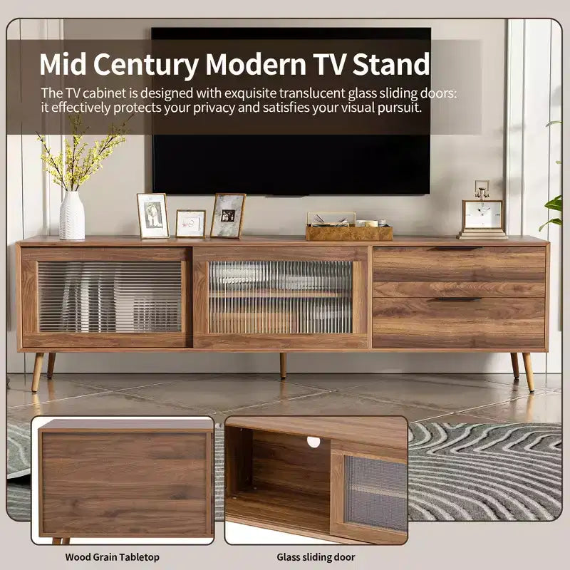 Meuble TV moderne pour téléviseurs jusqu'à 80'', console média TV avec 2 portes vitrées, centre de divertissement avec 2 tiroirs et armoire de rangement, Noyer
