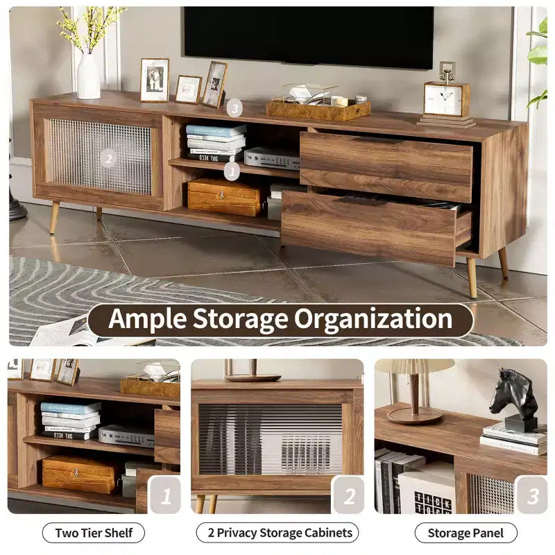 Meuble TV moderne pour téléviseurs jusqu'à 80'', console média TV avec 2 portes vitrées, centre de divertissement avec 2 tiroirs et armoire de rangement, Noyer