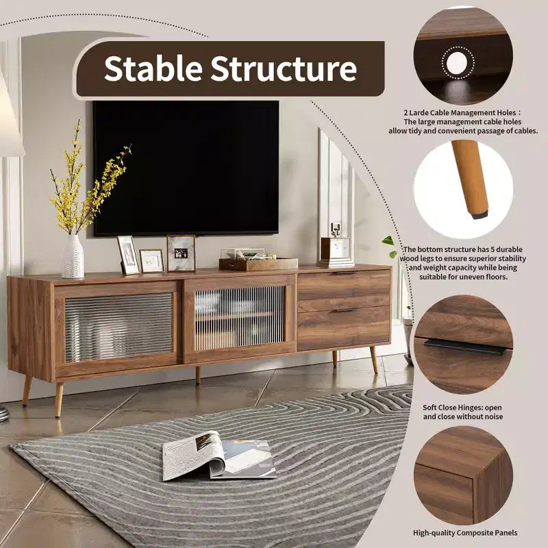 Meuble TV moderne pour téléviseurs jusqu'à 80'', console média TV avec 2 portes vitrées, centre de divertissement avec 2 tiroirs et armoire de rangement, Noyer