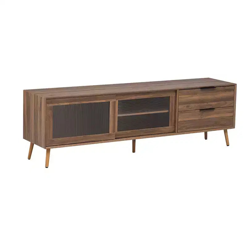 Meuble TV moderne pour téléviseurs jusqu'à 80'', console média TV avec 2 portes vitrées, centre de divertissement avec 2 tiroirs et armoire de rangement, Noyer