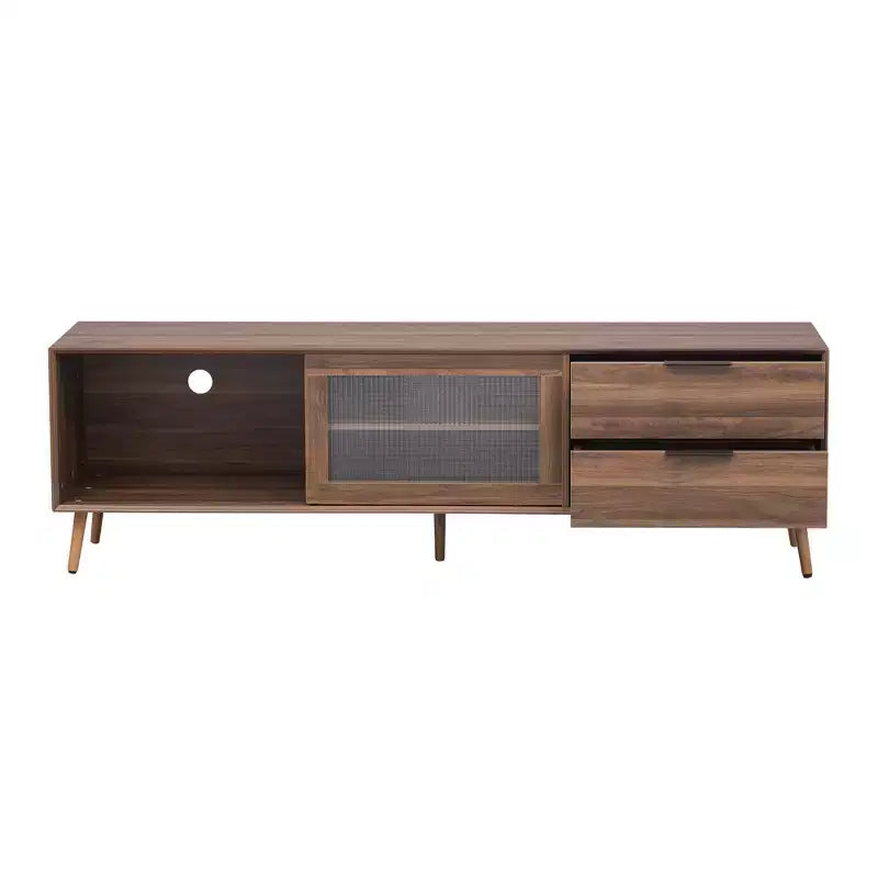 Meuble TV moderne pour téléviseurs jusqu'à 80'', console média TV avec 2 portes vitrées, centre de divertissement avec 2 tiroirs et armoire de rangement, Noyer