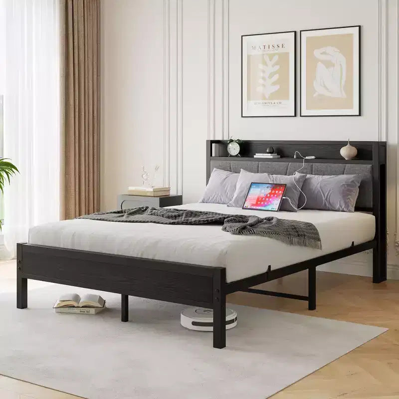 Solid and Stable Queen Size Bed Frame, Storage Headboard with Charging Station, Noise Free, No Box Spring, Easy Assembly