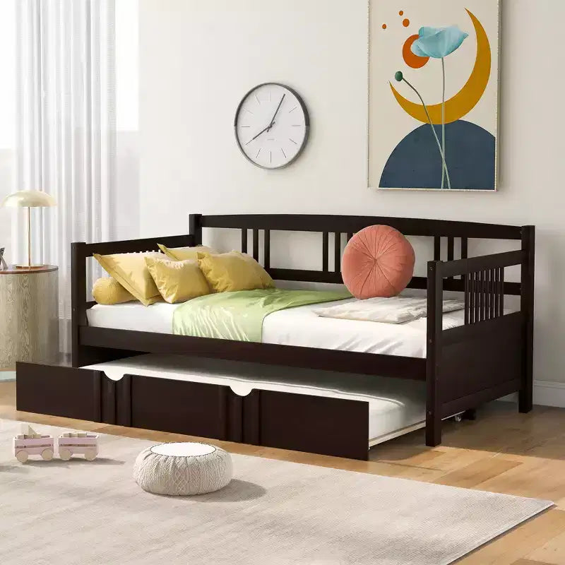 Twin/Full Size Daybed, Wooden Platform Bed Frame with Twin Size Trundle/ Two Drawers -ModernLuxe
