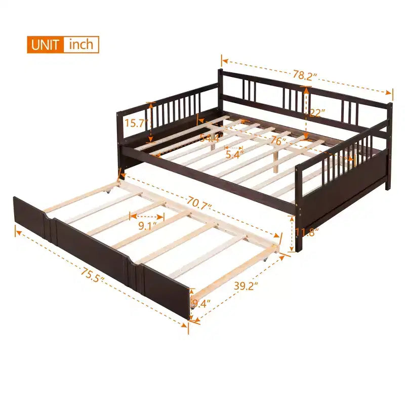 Lit de repos double/grand, cadre de lit plateforme en bois avec lit gigogne double/deux tiroirs