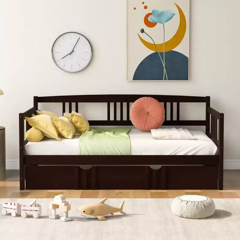 Lit de repos double/grand, cadre de lit plateforme en bois avec lit gigogne double/deux tiroirs