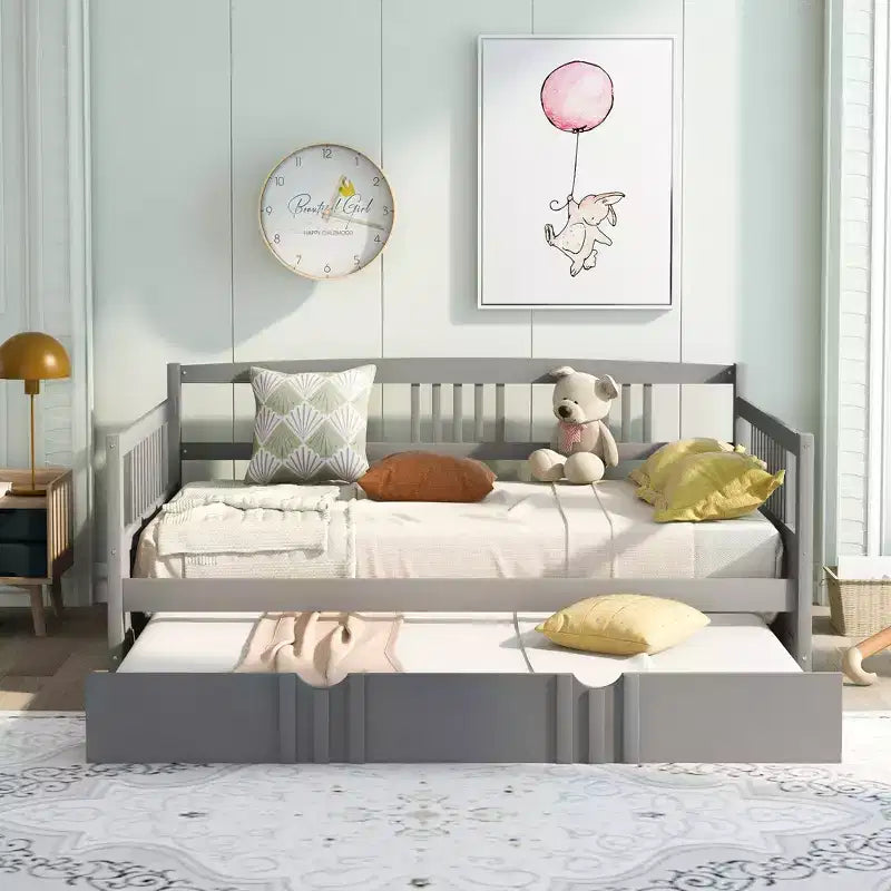 Lit de repos double/grand, cadre de lit plateforme en bois avec lit gigogne double/deux tiroirs