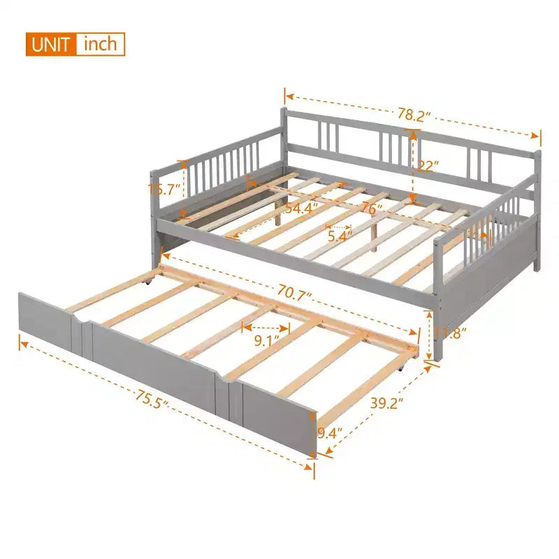 Lit de repos double/grand, cadre de lit plateforme en bois avec lit gigogne double/deux tiroirs