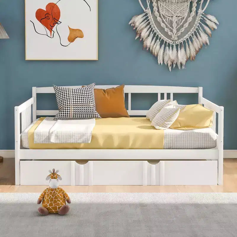 Lit de repos double/grand, cadre de lit plateforme en bois avec lit gigogne double/deux tiroirs
