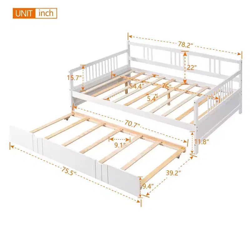 Lit de repos double/grand, cadre de lit plateforme en bois avec lit gigogne double/deux tiroirs