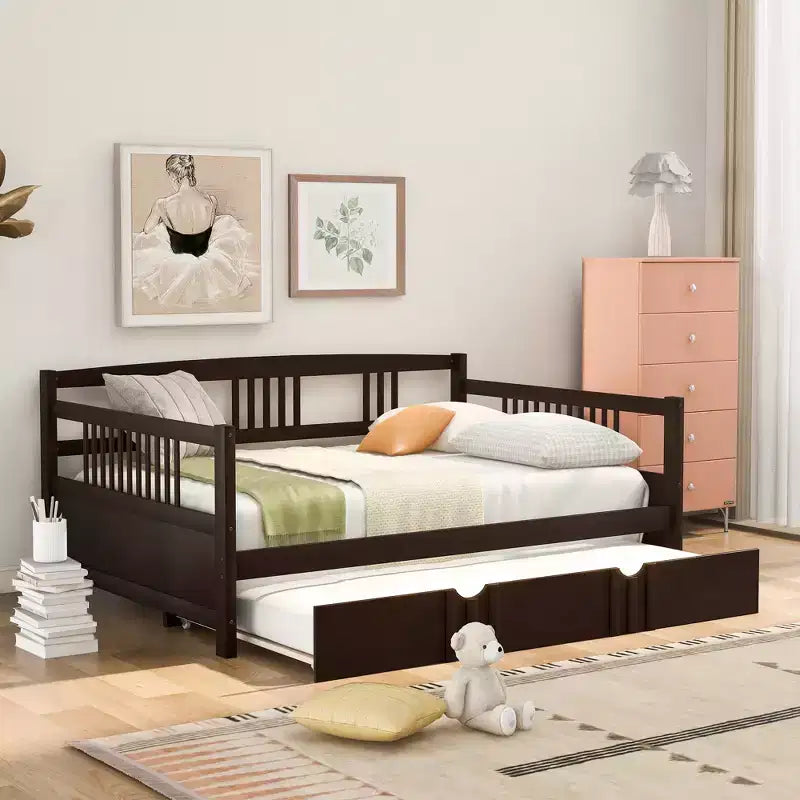 Lit de repos double/grand, cadre de lit plateforme en bois avec lit gigogne double/deux tiroirs