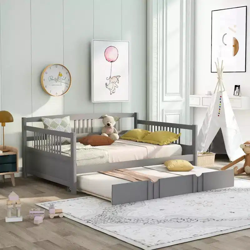 Lit de repos double/grand, cadre de lit plateforme en bois avec lit gigogne double/deux tiroirs