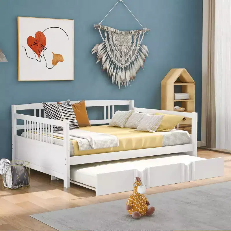 Lit de repos double/grand, cadre de lit plateforme en bois avec lit gigogne double/deux tiroirs