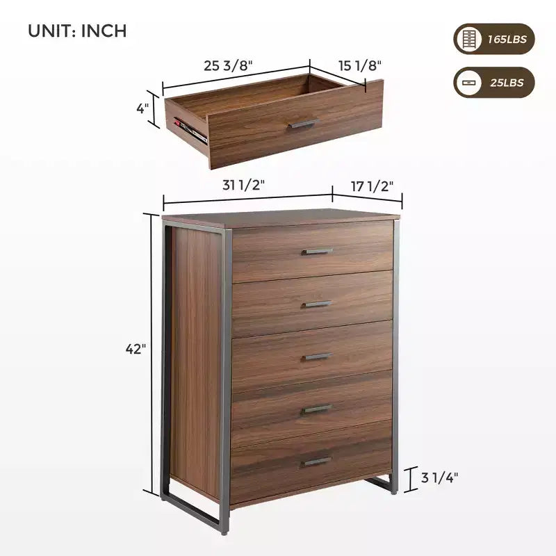 Commode 5 tiroirs avec accent 42 po Noyer