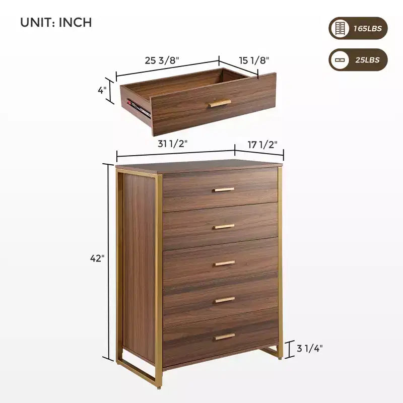 Commode 5 tiroirs avec accent 42 po Noyer