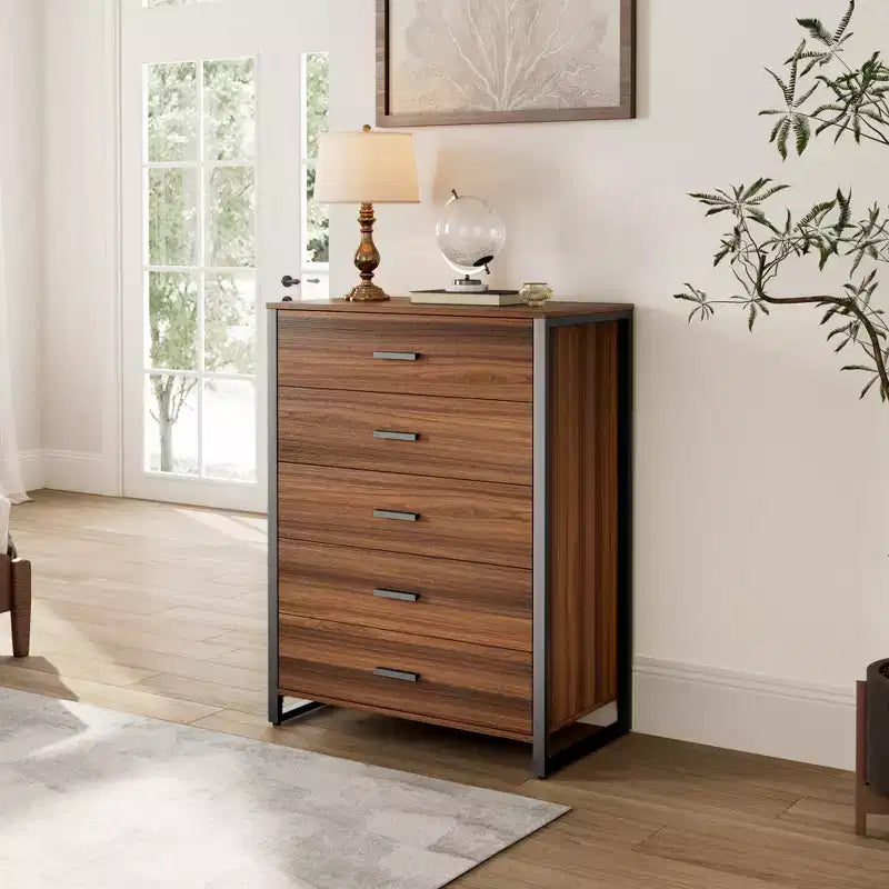 Commode 5 tiroirs avec accent 42 po Noyer