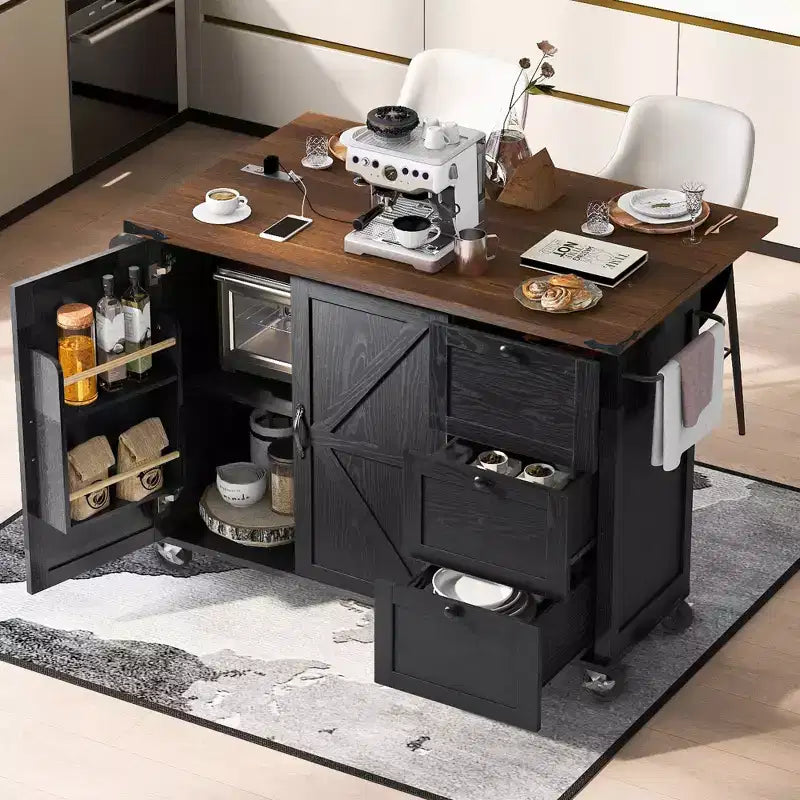 54.5 Black Farmhouse Kitchen Island with Drop Leaf, Rolling Kitchen Cart on Wheels for Home Kitchen Dining Room