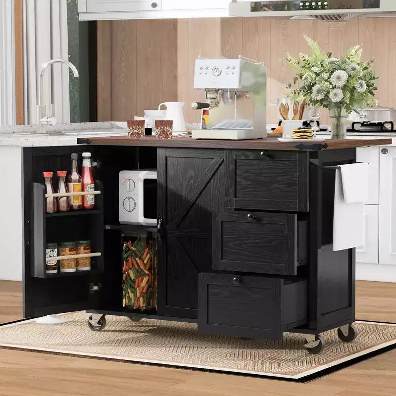 Îlot de cuisine de ferme noir de 54,5 po avec abattant, chariot de cuisine roulant sur roues pour cuisine et salle à manger